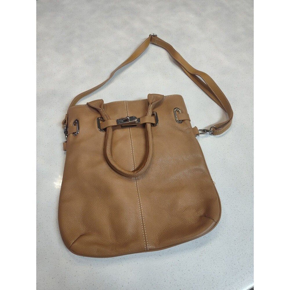 Vera Pelle Italy Tan Pebbled Leather crossbody Bag Or  short handles New no tags